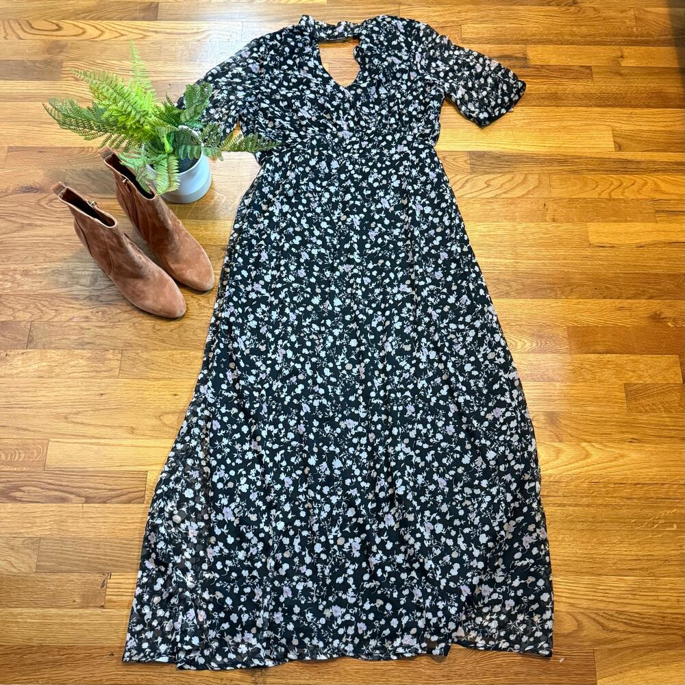 Vera Moda Womens Medium Black Tan Floral Mock Neck Keyhole Tie Midi Dress Spring